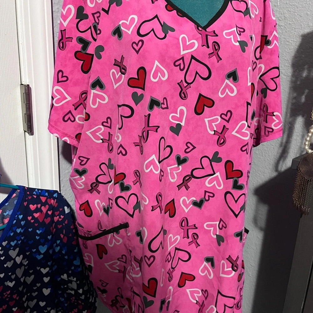 Heart Patterned Scrub Tops - Pink, Blue, set of 3 - Picture 6 of 14